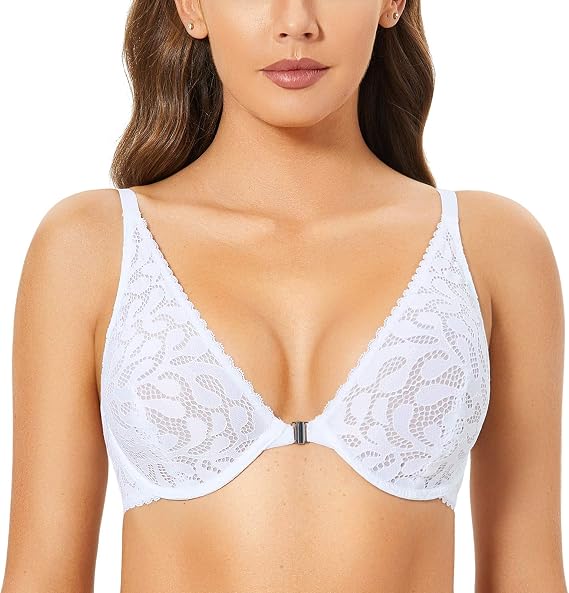 DOBREVA Women's Front Closure Lace Bra Unlined Racerback Underwire Plunge Bralette