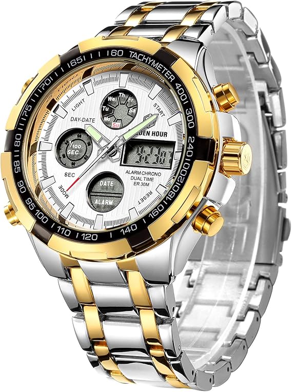 Luxury Fashion Men's Watches Stainless Steel Heavy Bullet Sport Chronograph Waterproof Gold Two Tone Date Alarm Multifunction Analogue Digital Watch