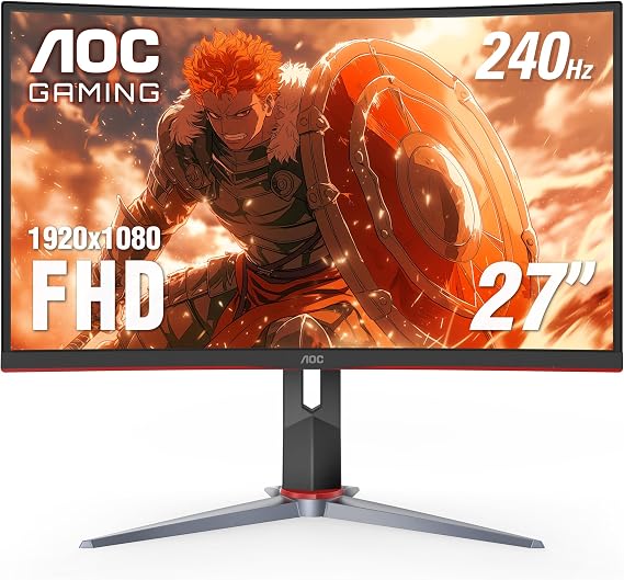 AOC C27G2Z 27" Curved Frameless Ultra-Fast Gaming Monitor, FHD 1080p, 0.5ms 240Hz, FreeSync, 2 x HDMI 2.0, 1 x Display Port, Height Adjustable, Xbox PS5 Switch Ready, 3-Year Zero-Bright-Dot