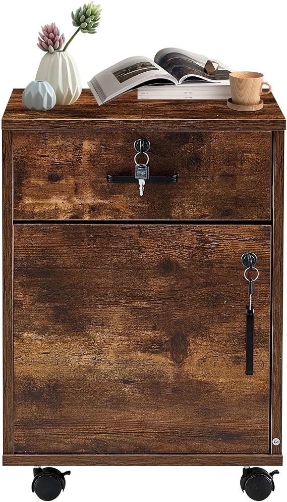 TUKAILAi Mobile File Cabinet with Lockable Drawer & Door, Under Desk Rolling Filing Cabinet with 4 Wheels, Wooden Stationery Storage Cabinet for Home Office (Rustic Brown 2PCS)