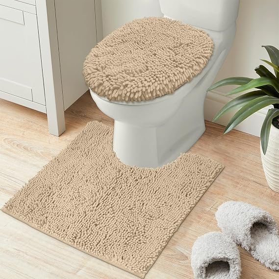 Birch Bathroom Comfort Set: LuxUrux U-Shaped Contoured Bath Mat & Plush Toilet Lid Cover