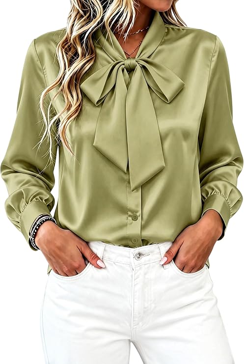 CBOO Women's Bow Tie Neck Button Down Shirts Silk Blouses Long Sleeve Elegant Satin Blouse Casual Dressy Business Tops