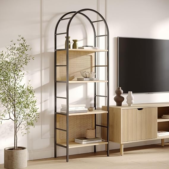 Stead 4-Tier Arched Book Shelf - Metal Frame Industrial Bookshelf - Arched Bookcase with Natural Rattan Backing - Open Tiered Display Shelf for Decor & Books - 23.25 x 12 x 70 in, Light Oak & Rattan