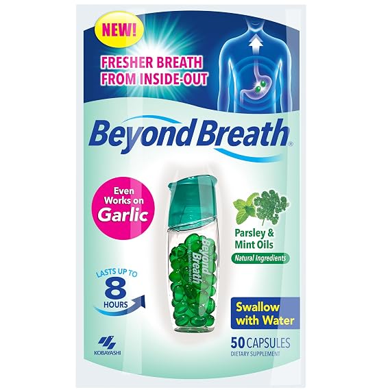 Beyond Breath, Breath Freshening Capsules, Freshens from Source, 50 Count | Easy-to-swallow capsules use parsley and mint oils to neutralize bad breath odor at the source. Works on garlic up to 8 hours