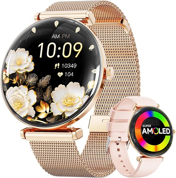 Hwagol Smart Watches for Women with Android iPhone Compatible[Calls/Metal Thin Body],1.43" Micro-Spherical AMOLED Screen,Sports Watch with Sleep/Heart Rate Monitor,Pedometer for Steps Miles (Gold)