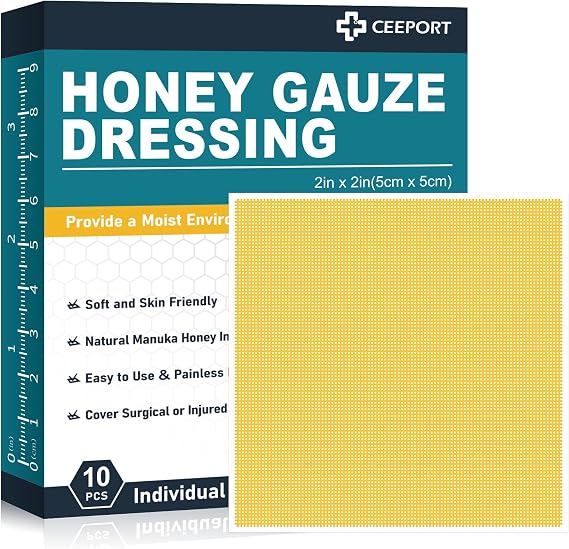 Ceeport Manuka Honey Gauze Wound Dressing, 2" x 2", 10 Individual Pack | Medical Grade Manuka Honey bandages for wounds, Bed Sore, Burns, Blisters, Minor Cuts, Non-Adherent, Sterile, Wound Care