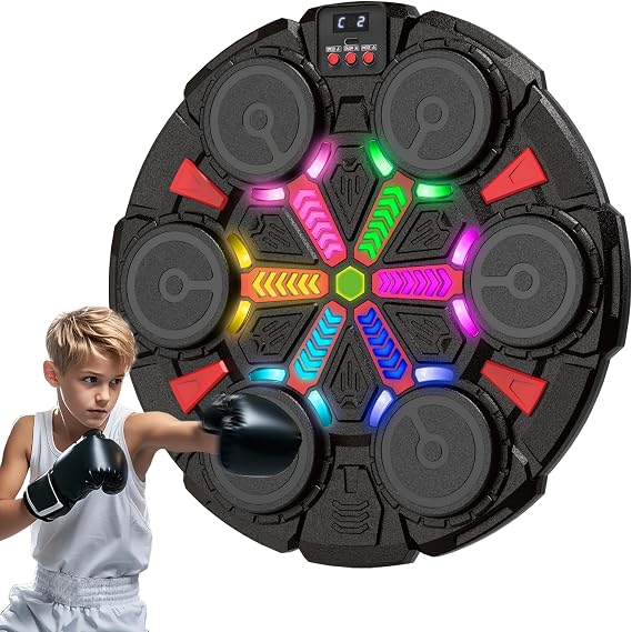 Music Punching Machine for Kids Adults,Bluetooth Wall Mounted Boxing Trainer with Gloves,Rhythm Lights,2 Player Battle Mode,Reaction Training Pad,Home Gym Sport Toys Gifts for Boys Girls Teens 3-12+