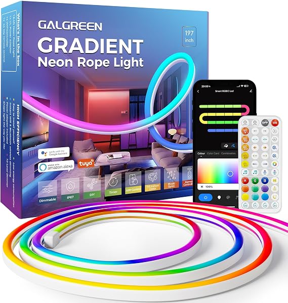 RGB+IC Neon Rope Lights, 16.4ft WiFi Gradient LED Strip Lights with Remote, Music Sync, Waterproof Flexible Smart Led Lights for Bedroom, Works with Alexa, Indoor Outdoor Christmas Decor