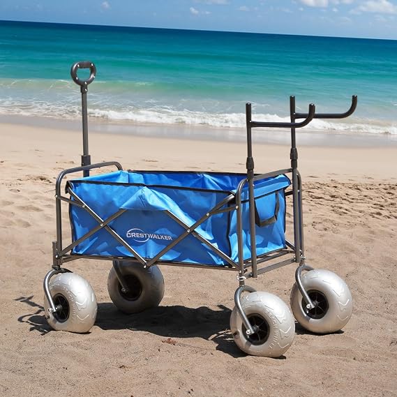 Beach Wagon with Balloon Wheels, Collapsible Cart with Big Wheels for Sand, Heavy Duty 300 lbs Capacity, Folds Thin with Quick-Release Forks (with Chair Racks, 10''x4'' Tire)