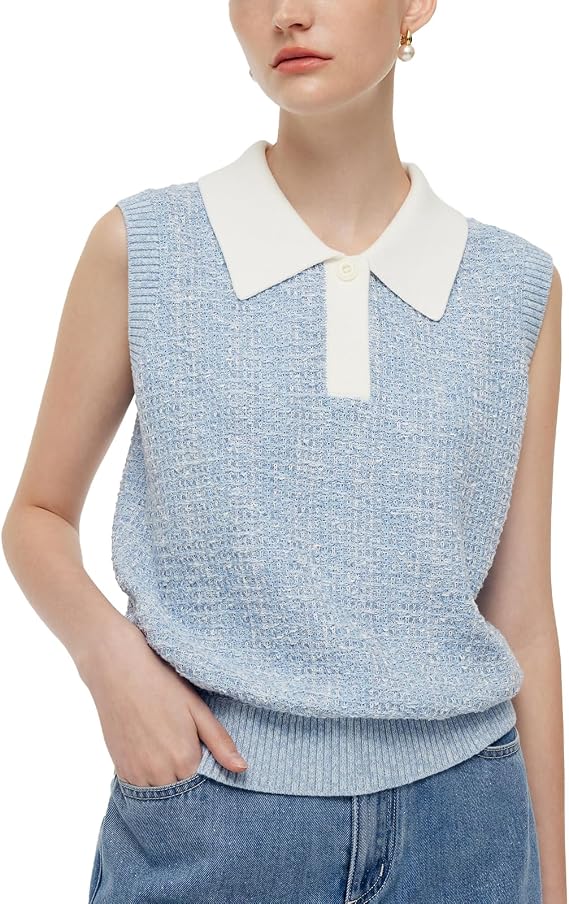 GOELIA Women's Sleeveless Knit Polo Tank Top Cotton Light Blue Tweed Summer Tops White Contrast Collar for Work Daily Outfits