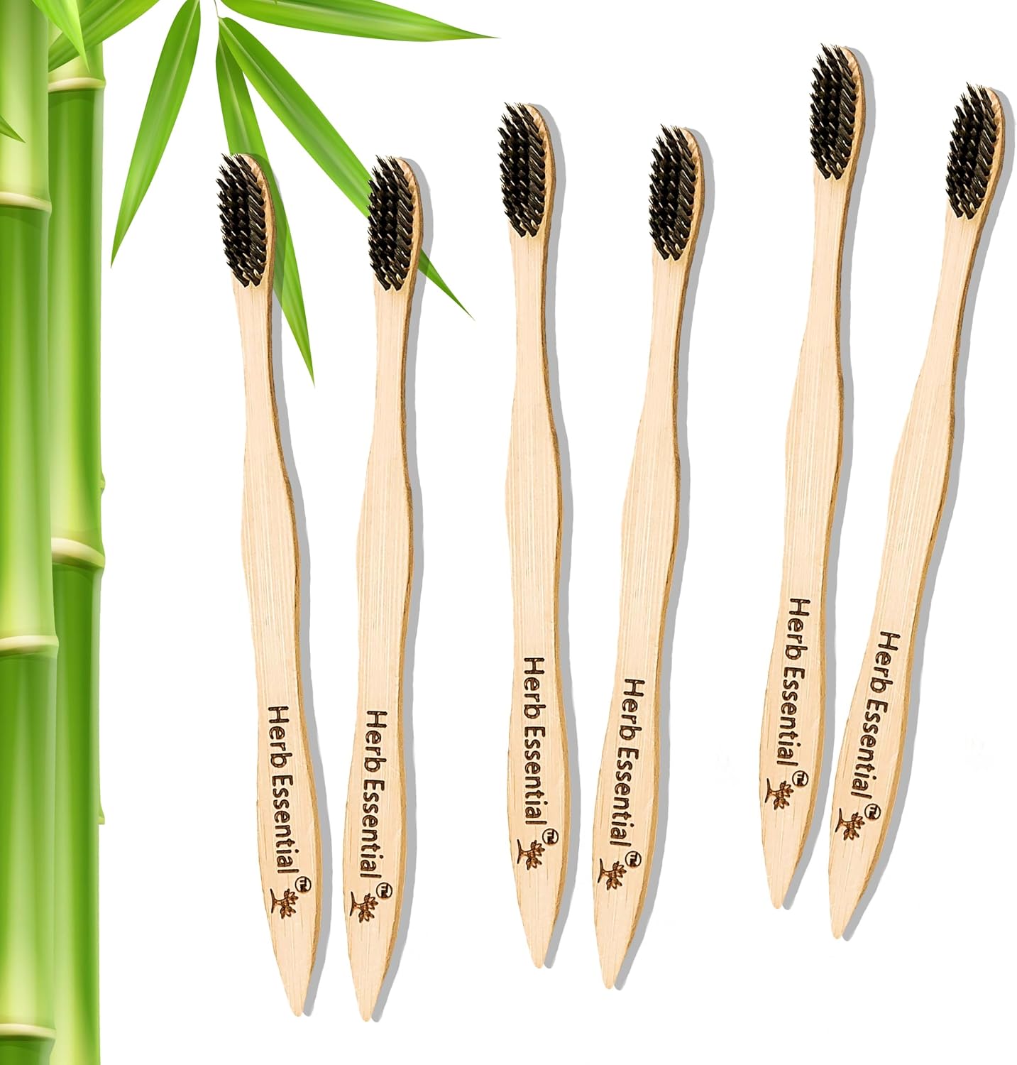 Herb Essential Bamboo Toothbrush Set of 6, Soft Natural Toothbrushes with Plant-Based and Charcoal Bristles, Eco-Friendly, Biodegradable Toothbrush for Adults- 6 Count