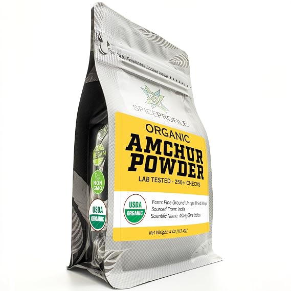 Spice Profile Organic Amchur Powder | 4 oz | Lab Tested | Tangy, Fruity Flavor | Made From Unripe Green Mangoes | Adds Brightness To Curries, Chutneys, Salads & Marinades