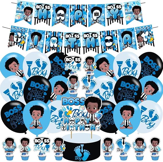 PINUO Boss Boys Theme Birthday Banner, Cake Topper, Latex Balloons, Cupcake Toppers for Boy's Birthday Party Supplies