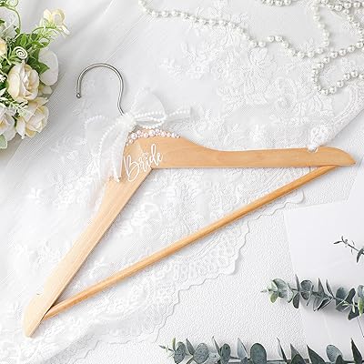 Bride Wedding Dress Pearl Mrs. Hanger with Pearl Ribbon Bow Elegant Wooden Dress Hanger to Be Ideal Keepsake for Wedding Day GiftBrown,Bride