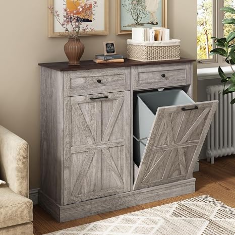 Halitaa Double Tilt Out Trash Cabinet with 2 Drawers, Hidden Kitchen Bin for 10 Gallon Garbage Can, Free Standing Wooden Holder, Wash Grey