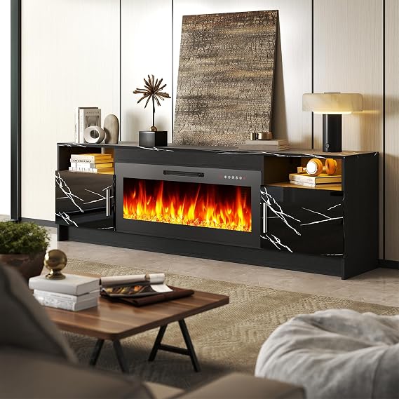 70 Inch TV Stand with 36 Inch Electric Fireplace, Modern Marbling Glossy Doors Entertainment Center for TVs Up to 80", Wood Media Console with 20 Color LED Lights and Storage Cabinets for Living Room