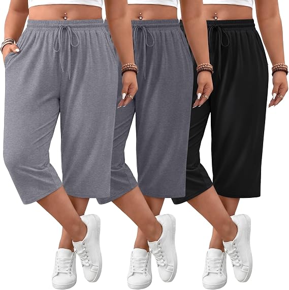 Huukeay 3 Pack Women's Plus Size Capris with Pockets