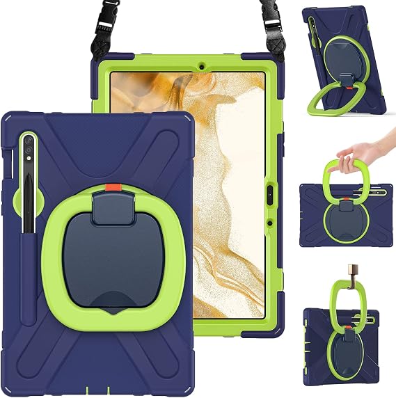 BRAECN Case for Samsung Galaxy Tab S9/S8/S7 11 Inch 2023 SM-X710/X700/T870, Heavy Duty Silicone Case with S Pen Holder/Rotating Handle Grip/Folding Stand/Shoulder Strap/Stable Kickstand, Navy Green