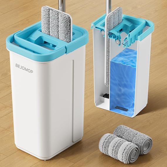 Mop and Buckets Sets, 60" Long Handle Dry & Wet Floor Mop, Turquoise-Cyan Squeeze Flat Mop for Household Floor Cleaning, Mops for Cleaning Floors with 2 Microfibre Mops