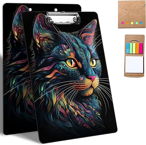 Plastic Clipboards, 9 x 12.5 Clip Boards with Low Profile Clip, Cute Clipboard Clip Board Stardard A4 Letter Size with Notes for Classroom,Office,Students,Women,Watercolor Cat Art