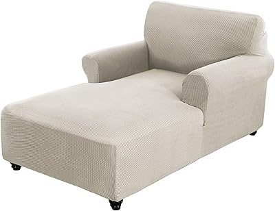 Chaise Lounge Cover - Fitted Sofa Slipcover for Double Arm Chaise, Stretch Chair Slip Cover, Cushion Protector, Washable Furniture Protector Beige, Small Checks