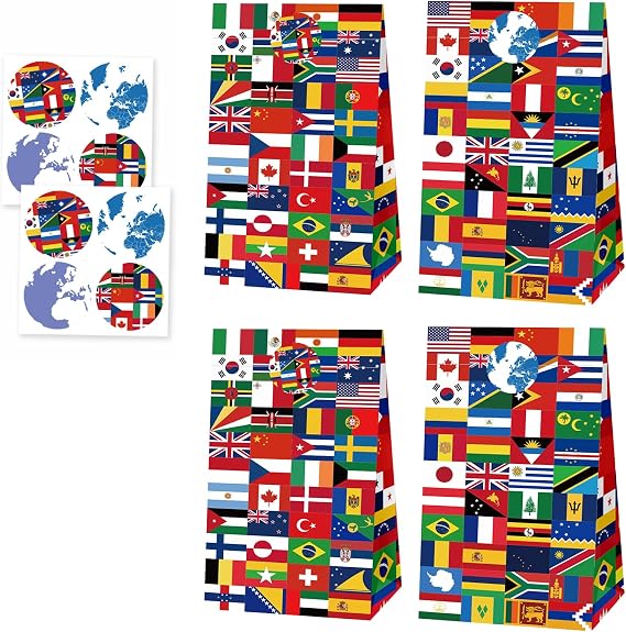 24 Pack International World Flags Decorations Gifts Bag with Stickers International Flags Wrapping Paper Party Favors Bags Around The World Party Decorations for Sports Events,Opening Sports Events Celebration