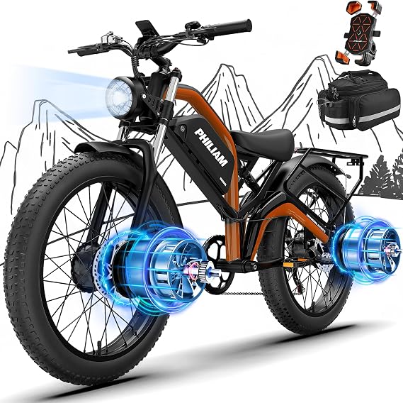 Electric Bike for Adults,5000W/3000W Peak Dual Motor ebike 35MPH E Bikes for Men Women,52V 32/23AH Battery, 80/100 Miles Range Ebike,26Fat Tire Full Suspension E-Bike