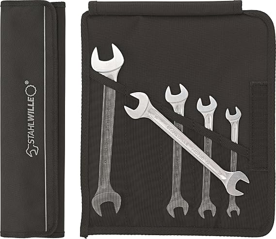 Stahlwille 96400304 Double Open Ended Wrenches, Motor No. 10, 5 Pieces, Size 8mm x 9mm -17mm x 19mm, 15 deg Offset Angle, 490g, Industrial Grade, Chrome Plated, Made in Germany