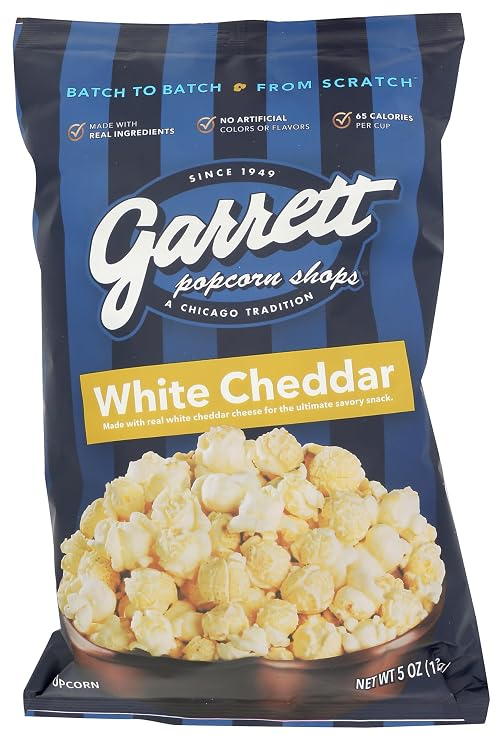 Garrett Popcorn White Cheddar, 5.0oz, White Cheddar Gourmet Popcorn, Gluten Free, Savory Snack, Popped Popcorn Bag