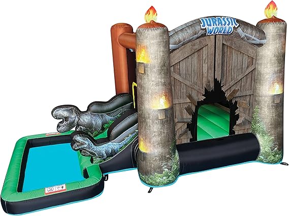 Funormous Jurassic World Dinosaur Bounce House with Slide, Ball Pit & Pool Indoor/Outdoor Inflatable Castle Waterslide with GFCI Air Blower for Kids Ages 38