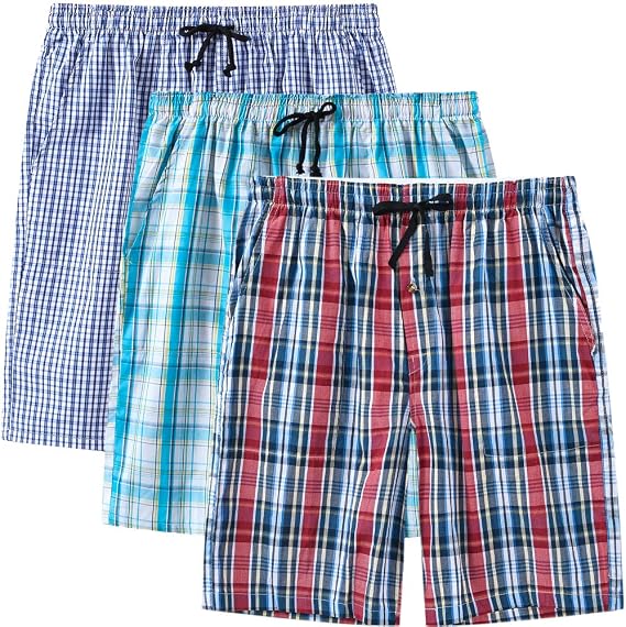 MoFiz 3pack Mens Pajama Short Bottom Sleep Lounge Cotton Plaid | Comfortable Breathable Soft 3pack Cotton Button Open Fly Well-made Lightweight Classic Plaid Sleep Lounge Holiday