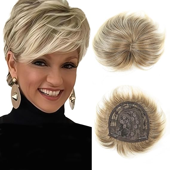 QUEENTAS Hair Topper for Women with Thinning Hair 6.5"*6" Fluffy Hair Pieces Breathable Heat Resistant Synthetic Hair Short Wiglets with 5 Clips 3603D Cover Up (Blonde Mixed Brown)