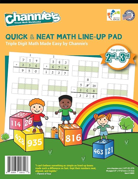 Channie's Triple Digit Math Line-Up Pad, 2nd - 3rd Grade Math Workbook, Triple Digit Addition & Subtraction Worksheets, Great for Daily Practice to Improve Math Skills & Penmanship