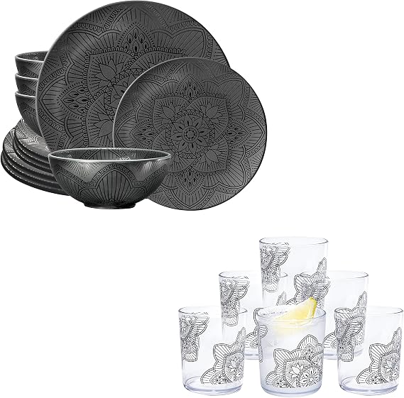 bzyoo lala mandala black collection 12 PCS Dinnerware set (Service for 4) 14 oz Plastic Tumbler Set of 6 PCS