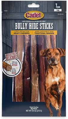 Cadet Bully Hide Sticks for Large Dogs, All-Natural Beef Pizzle, Limited-Ingredient Long-Lasting Dog Chews for Aggressive Chewers, 7 Count