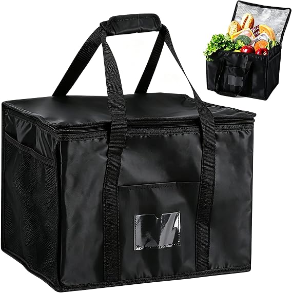 40L Insulated Reusable Grocery Shopping Bags, Black Food Delivery Cooler Bag for Groceries, Thermal Bags for Cold Hot, Collapsible Heavy Duty Food Warmer Tote Bag with Zipper for Camping