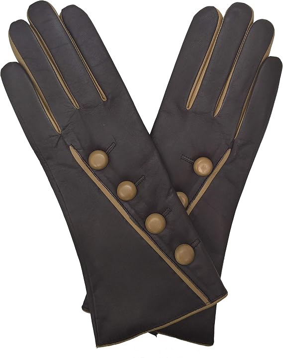 Hima Women's Winter Cashmere Lined Lambskin Leather Gloves With Decorative Buttons