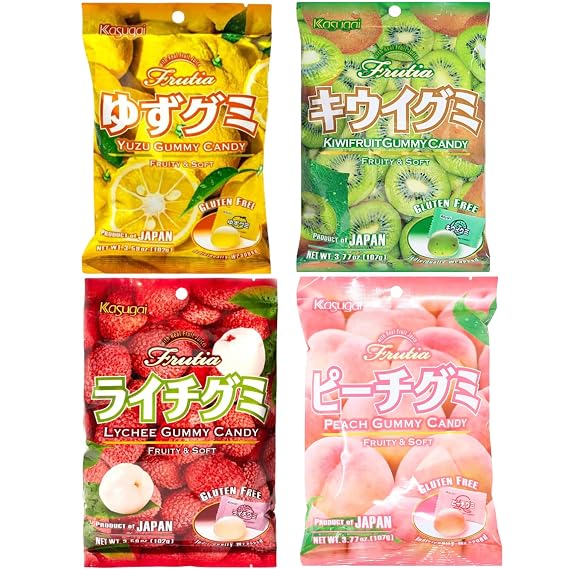 Kasugai Japanese Gummy Candy with Real Fruit Juice (4 Pack) (Yuzu, Kiwifruit, Lychee, Peach) Gift Set Assortment