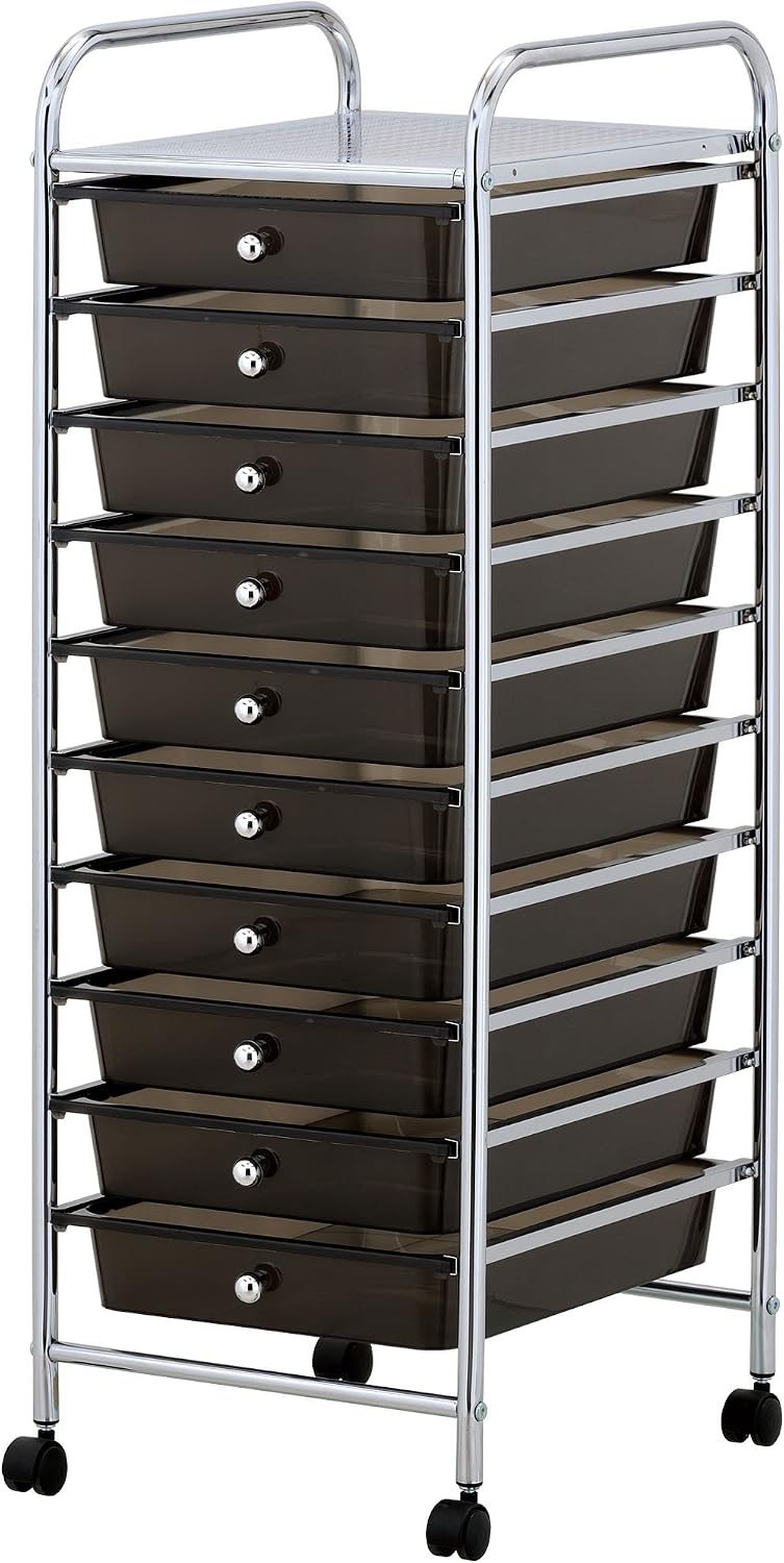 VonHaus Storage Trolley, 10 Drawer Black Wheeled Makeup Trolley, Durable Storage with Plastic Drawers, Chrome Frame & 360° Wheels, Versatile Organiser for Bedroom, Bathroom, Home Office