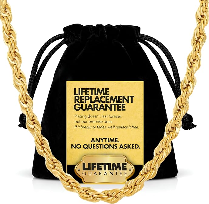 LIFETIME JEWELRY 6mm Gold Rope Chain for Men & Women - Diamond Cut 24k Real Gold Plated Necklace - Secure Clasp - with Lifetime Replacement