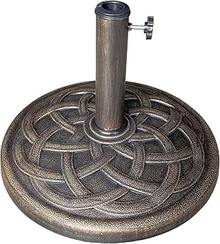 US Weight 26 Pound Cast Stone Patio Umbrella Base - Durable and Weather-Resistant Adjustable Outdoor Base for Patio Table - Interlocking Circle Design, Bronze