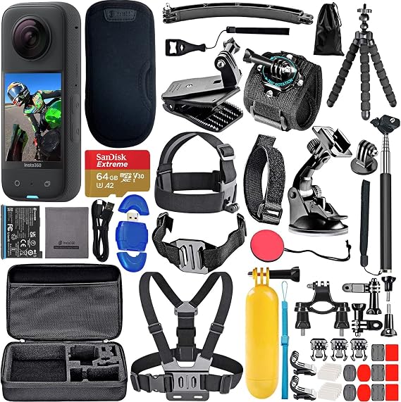 insta360 X3 - Waterproof 360 Action Camera with 1/2" 48MP Sensors, 5.7K 360 HDR Video, 72MP 360 Photo Bundle with 64gb Memory + High Speed Card Reader & 50 Piece Accessory Kit
