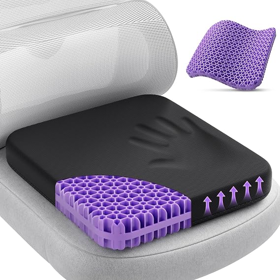 TushGuard Gel Seat Cushion for Long Sitting, Breathable Thick Patent Design | Enlarged Cooling Chair Pad for Office Chair, Wheelchair, Desk Chair, Silicone Car Cushion (Standard, Black+Violet)