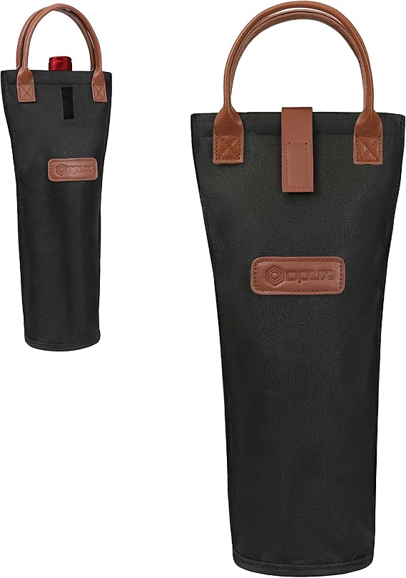 opux Single Bottle Wine Bag Carrier, Insulated Wine Cooler Tote, Black