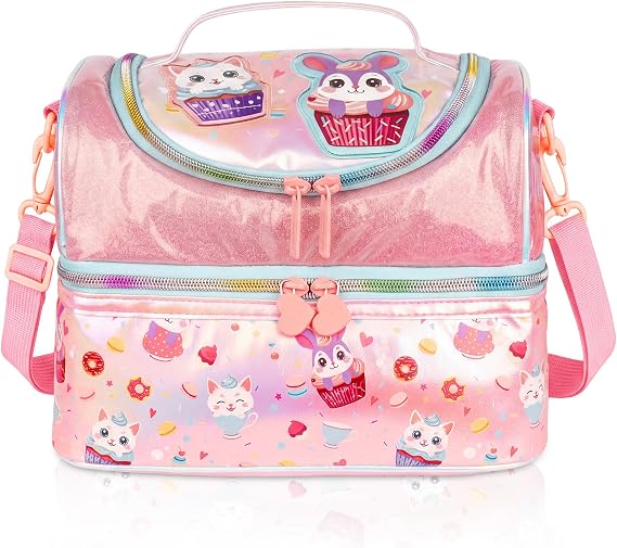 PinkSheep Kids Double Decker Cooler Insulated Lunch Bag Large Tote for Boys, Girls, Men, Women, with Adjustable Strap, Unicorn (Cake Bunny)