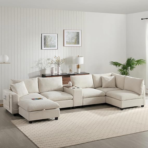 140'' Oversized Modular Sectional Sofa with Movable Storage Ottoman and Console,Removable Storage Pockets,Cup Holder,Wide Seat,USB Charger,6 Seat U Shaped Corduroy Couch for Living Room,2 Color