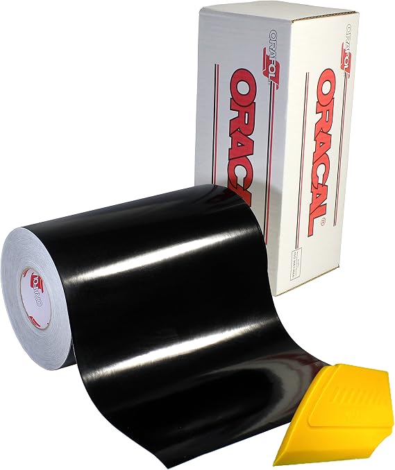 ORACAL 651 Multi-Colored Vinyl Solvent-Based Adhesive-Backed Calendared Wrap Decals w/Yellow Multi-Purpose Squeegee (12" x 5ft, Black)