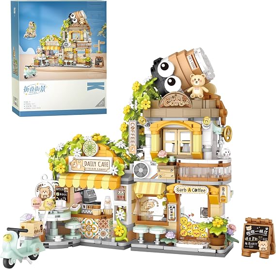 Creative Brick Box Street View-Coffee Shop Mini Building Toy Animals Interactive for Kids, Simulation Architecture Toy for Girls and Boys Ages 6+ Gift Easter, Birthday, Christmas (1077 PCS)