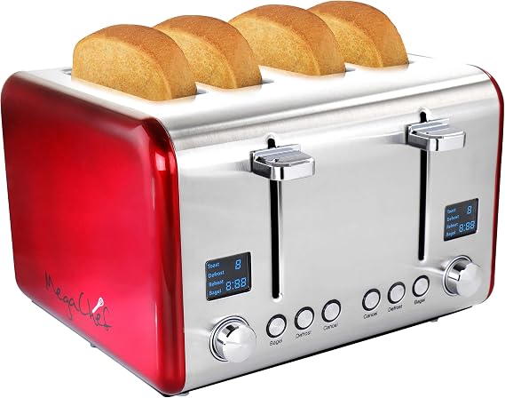 Megachef 4 Slice Toaster in Stainless Steel Red