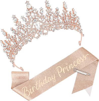 CAVETEE Birthday Princess Crown and Sash, Birthday Crown with Glitter Sash for Princess Party Decorations Happy Birthday Accessories for Women
